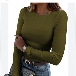 Women's Olive Green Ribbed Scoop Neck Sweater Top Long Sleeves
